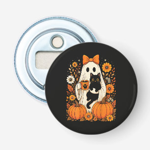 Groovy Halloween Geest met Zwarte Kat Bloem Button Flesopener