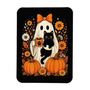 Groovy Halloween Geest met Zwarte Kat Bloem Magneet