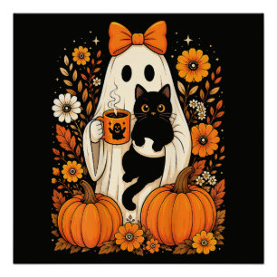 Groovy Halloween Geest met Zwarte Kat Bloem Perfect Poster