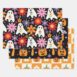 Groovy Halloween Geesten Pompoenen en Bloemen Inpakpapier Vel
