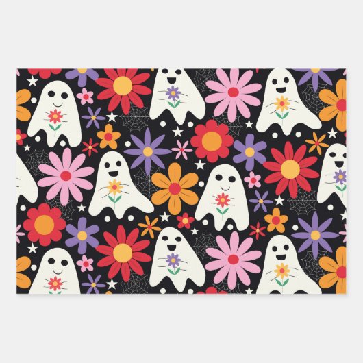 Groovy Halloween Ghosts Pompoenen en bloemen Inpakpapier Vel (Voorkant)