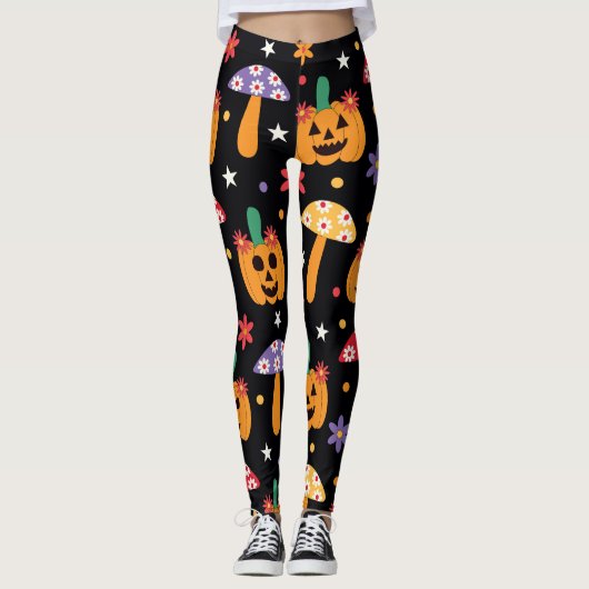 Groovy Halloween Pompoenen bloemen en paddenstoele Leggings (Voorkant)