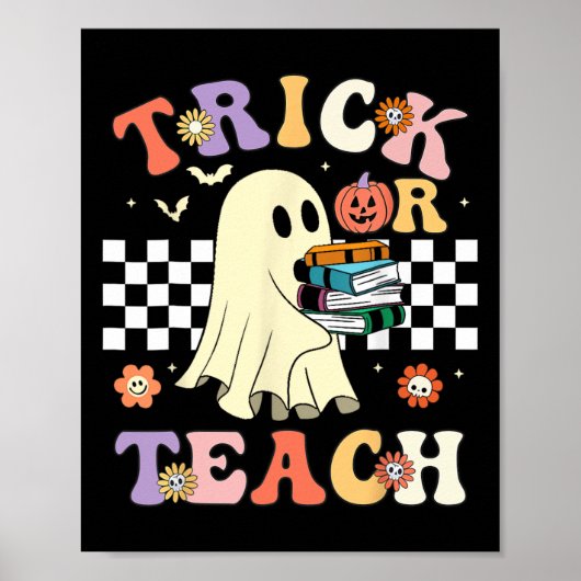 Groovy Halloween Trick of Teach Retro Floral Ghost Poster (Voorkant)