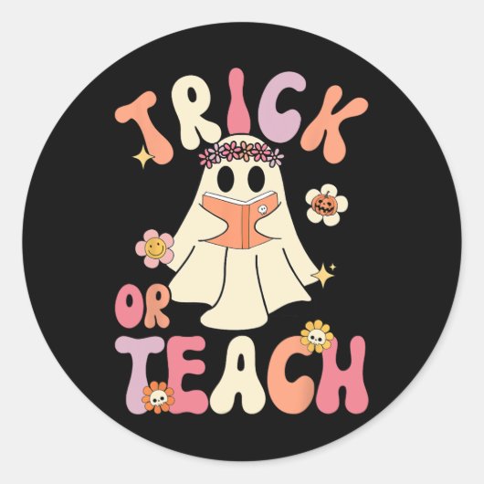 Groovy Halloween Trick of Teach Retro Floral Ghost Ronde Sticker (Voorkant)