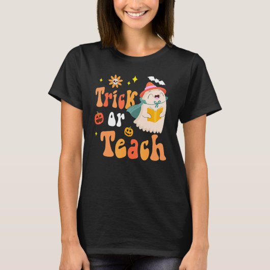 Groovy Halloween Trick of Teach Retro Floral Ghost T-shirt (Voorkant)