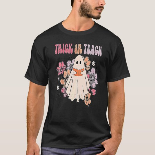 Groovy Halloween Trick of Teach Retro Floral Ghost T-shirt (Voorkant)