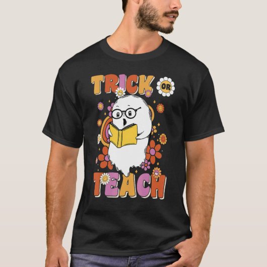 Groovy Halloween Trick of Teach Retro Floral Ghost T-shirt (Voorkant)