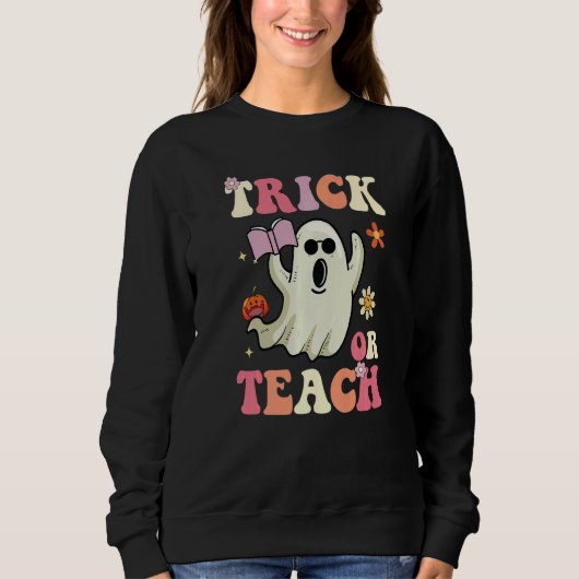 Groovy Halloween Trick or Teach Retro Floral Ghost Trui (Voorkant)