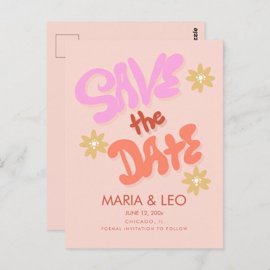Groovy Hand Drawn Lettering Save the Date Briefkaart (Voorkant / Achterkant)