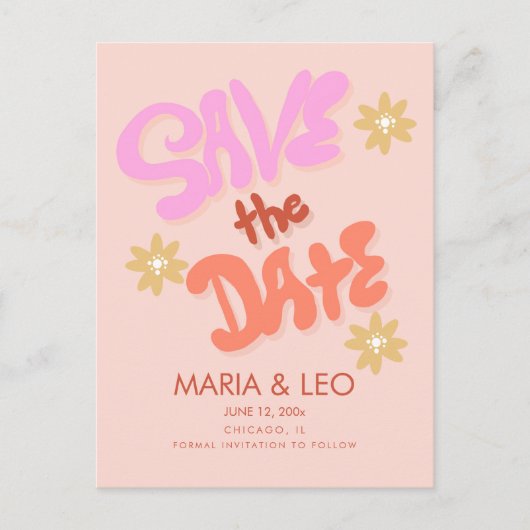 Groovy handgetekende lettering save the date briefkaart (Voorkant)