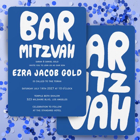 Groovy Handlettering Custom Bar Mitzvah Blauw Wit Kaart