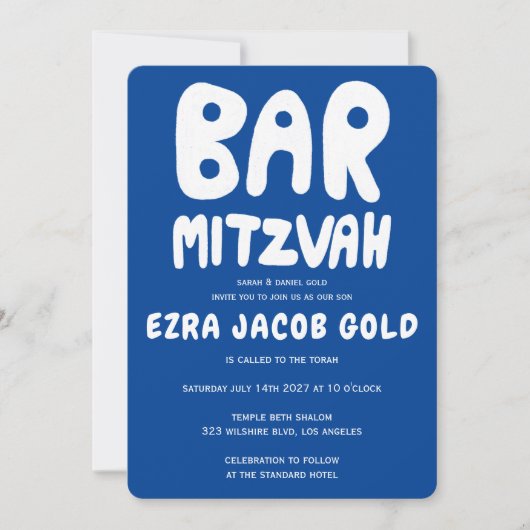 Groovy Handlettering Custom Bar Mitzvah Blauw Wit Kaart (Voorkant)