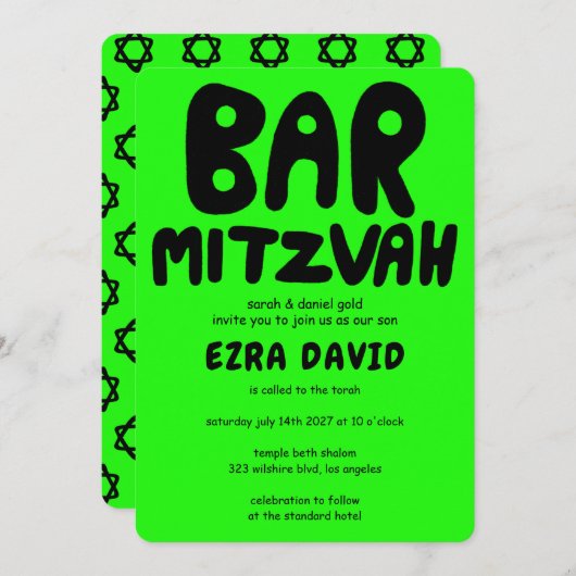 Groovy Handlettering Custom BAR Mitzvah Neon Stars Kaart (Voorkant / Achterkant)