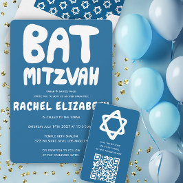 Groovy Handlettering Custom Bat Mitzvah Blue Stars Kaart
