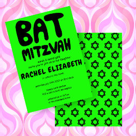 Groovy Handlettering Custom Bat Mitzvah Neon Stars Kaart