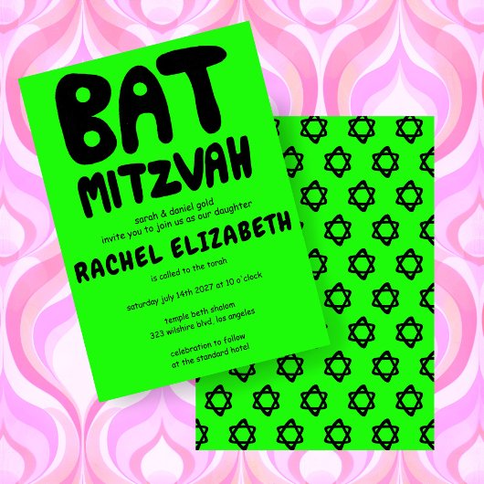 Groovy Handlettering Custom Bat Mitzvah Neon Stars Kaart