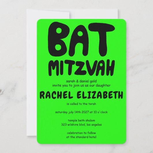 Groovy Handlettering Custom Bat Mitzvah Neon Stars Kaart (Voorkant)