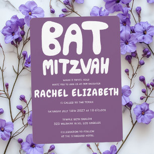 Groovy Handlettering Custom Bat Mitzvah Paarse Kaart