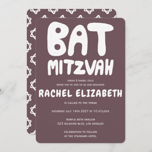 Groovy Handlettering Custom Bat Mitzvah Paarse Kaart (Voorkant / Achterkant)