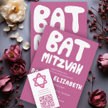 Groovy Handlettering Custom Bat Mitzvah Pink Kaart<br><div class="desc">Perfecte kaart om een vleermuis mitswa aan te kondigen! Hand gemaakte kunst voor u met handlettering aan de voor- en achterkant! VOLLEDIG ! Klik op "Personaliseren" hierboven om de tekst te bewerken. Klik op "bewerken met ontwerpgereedschap" om de lettertypen, kleuren en plaatsingen aan te passen en om het ontwerp aan...</div>