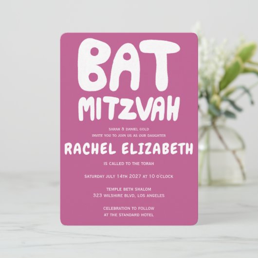 Groovy Handlettering Custom Bat Mitzvah Pink Stars Kaart (Staand voorkant)