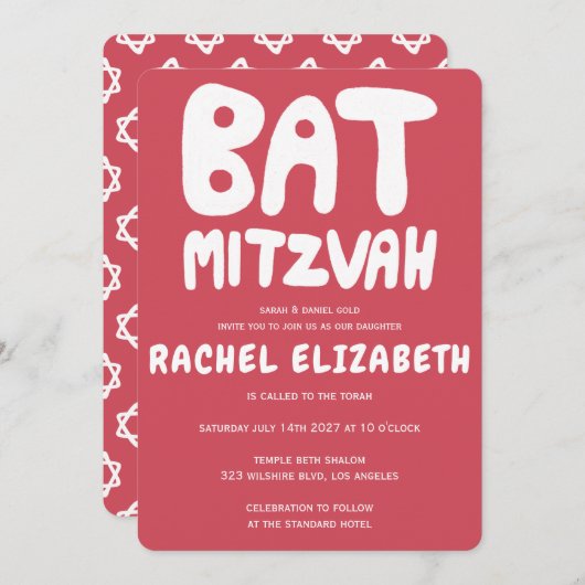 Groovy Handlettering Custom Bat Mitzvah Pink Stars Kaart (Voorkant / Achterkant)
