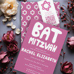 Groovy Handlettering Custom Bat Mitzvah Pink Stars Kaart<br><div class="desc">Perfecte kaart om een vleermuis mitswa aan te kondigen! Hand gemaakte kunst voor u met handlettering aan de voorkant en een patroon aan de achterkant! VOLLEDIG ! Klik op "Personaliseren" hierboven om de tekst te bewerken. Klik op "bewerken met ontwerpgereedschap" om de lettertypen, kleuren en plaatsingen aan te passen en...</div>