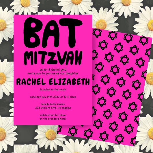 Groovy Handlettering Custom Bat Mitzvah Pink Stars Kaart