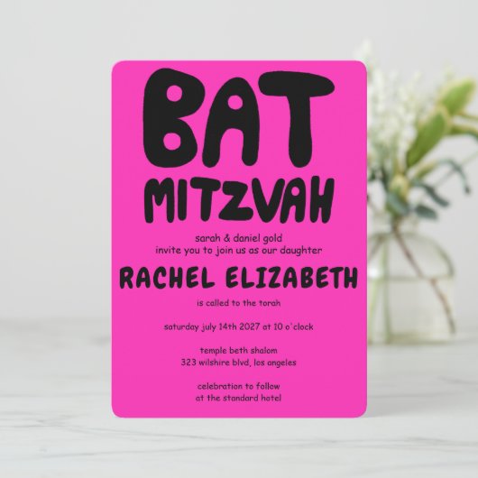 Groovy Handlettering Custom Bat Mitzvah Pink Stars Kaart (Staand voorkant)