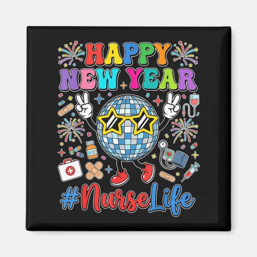 Groovy Happy New Year 2026 Nurse Life Disco Ball F Magneet (Voorkant)