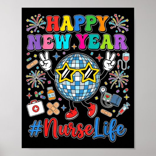 Groovy Happy New Year 2026 Nurse Life Disco Ball F Poster (Voorkant)