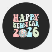 Groovy Happy New Year 2026 Party Cute New Years Ev Ronde Sticker (Voorkant)
