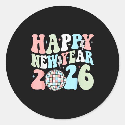Groovy Happy New Year 2026 Party Cute New Years Ev Ronde Sticker (Voorkant)