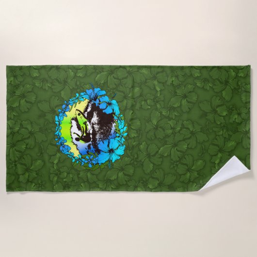 Groovy Hawaiian Surfer 1960 Retro Hibiscus-Olive Strandlaken (Voorkant)