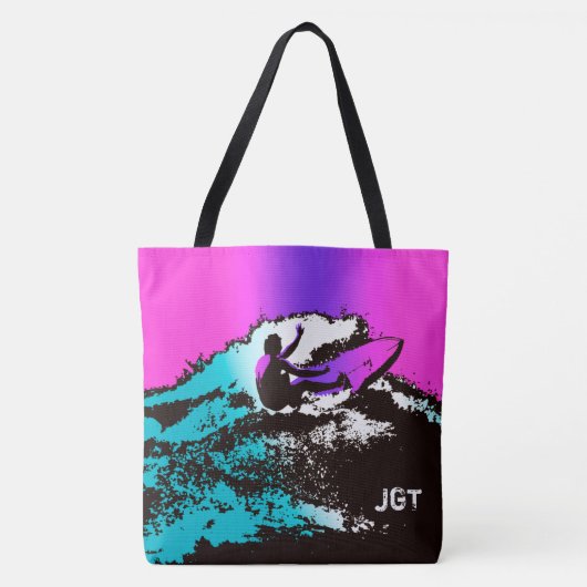 Groovy Hawaiian Surfer 60s Retro MonogramBeach zak Tote Bag (Voorkant)