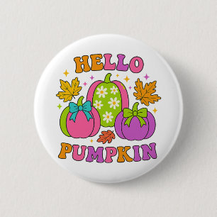 Groovy Hello Pumpkin Retro Herfst Autumn Halloween Ronde Button 5,7 Cm