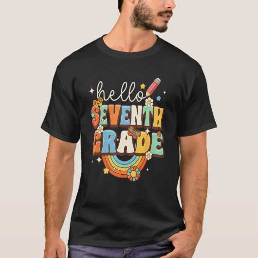 Groovy Hello Seventh Grade Retro Teacher Back To S T-shirt (Voorkant)