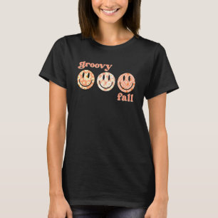 Groovy Herfst Happy Face Retro Autumn Flower Check T-shirt