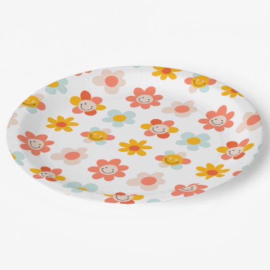 Groovy hippe retro moderne leuke bloemgezichten papieren bordje (Gekanteld)