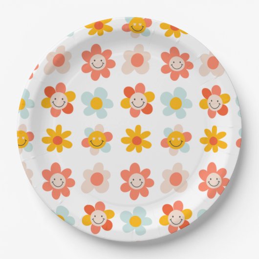 Groovy hippe retro moderne leuke bloemgezichten papieren bordje (Voorkant)