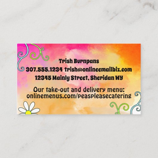 Groovy hippie chef catering kookskillet visitekaartje (Achterkant)