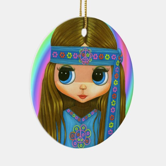 Groovy Hippie Chick in Blue Peace Sign Cute Keramisch Ornament (Rechts)