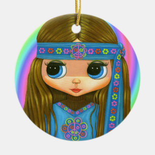 Groovy Hippie Chick in Blue Peace Sign Cute Keramisch Ornament