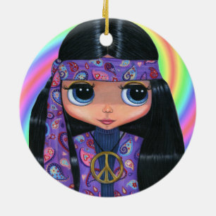 Groovy Hippie Chick in Paarse Paisley Peace Sign Keramisch Ornament