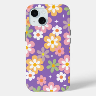 Groovy Hippie Daisy Pattern Paarse iPhone 15 Case