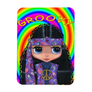 Groovy Hippie Girl Doll Peace Sign Cute Big Eyes Magneet