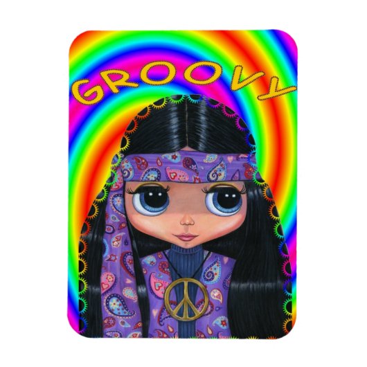 Groovy Hippie Girl Doll Peace Sign Cute Big Eyes Magneet (Verticaal)