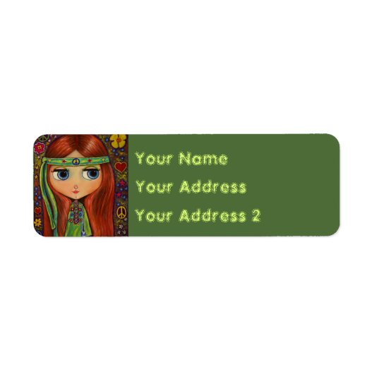 Groovy Hippie Meisje in Groen Vredesbord Schattige Etiket (Voorkant)