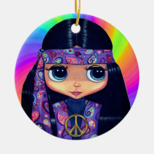 Groovy Hippie Meisje met Paarse Vredesteken Hoofdb Keramisch Ornament