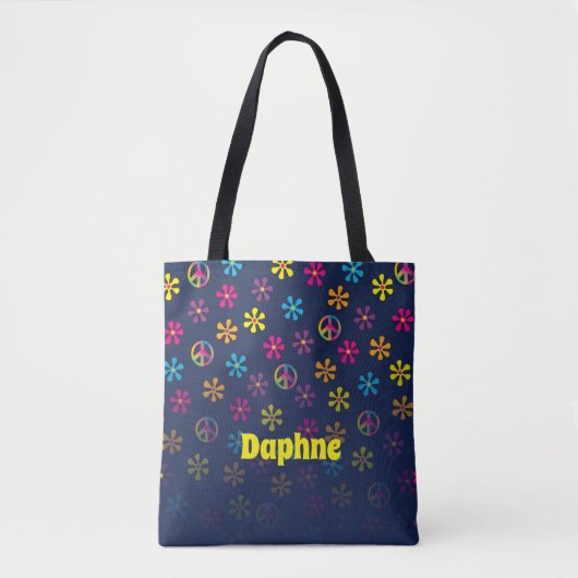 Groovy Hippie Peace and Flower Shower Custom Name Tote Bag (Voorkant)